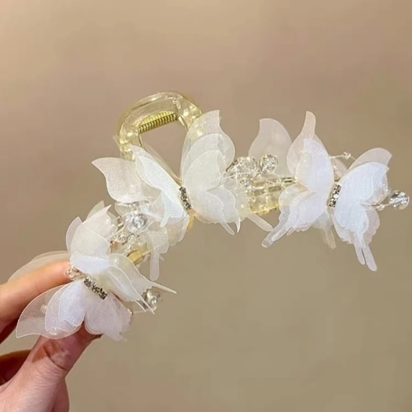 AWAYTR New Fashion Simulation Butterfly Hair Clips Women Elegant Pearl Bow Ponytail Clip Sweet Crab Claw Headdress