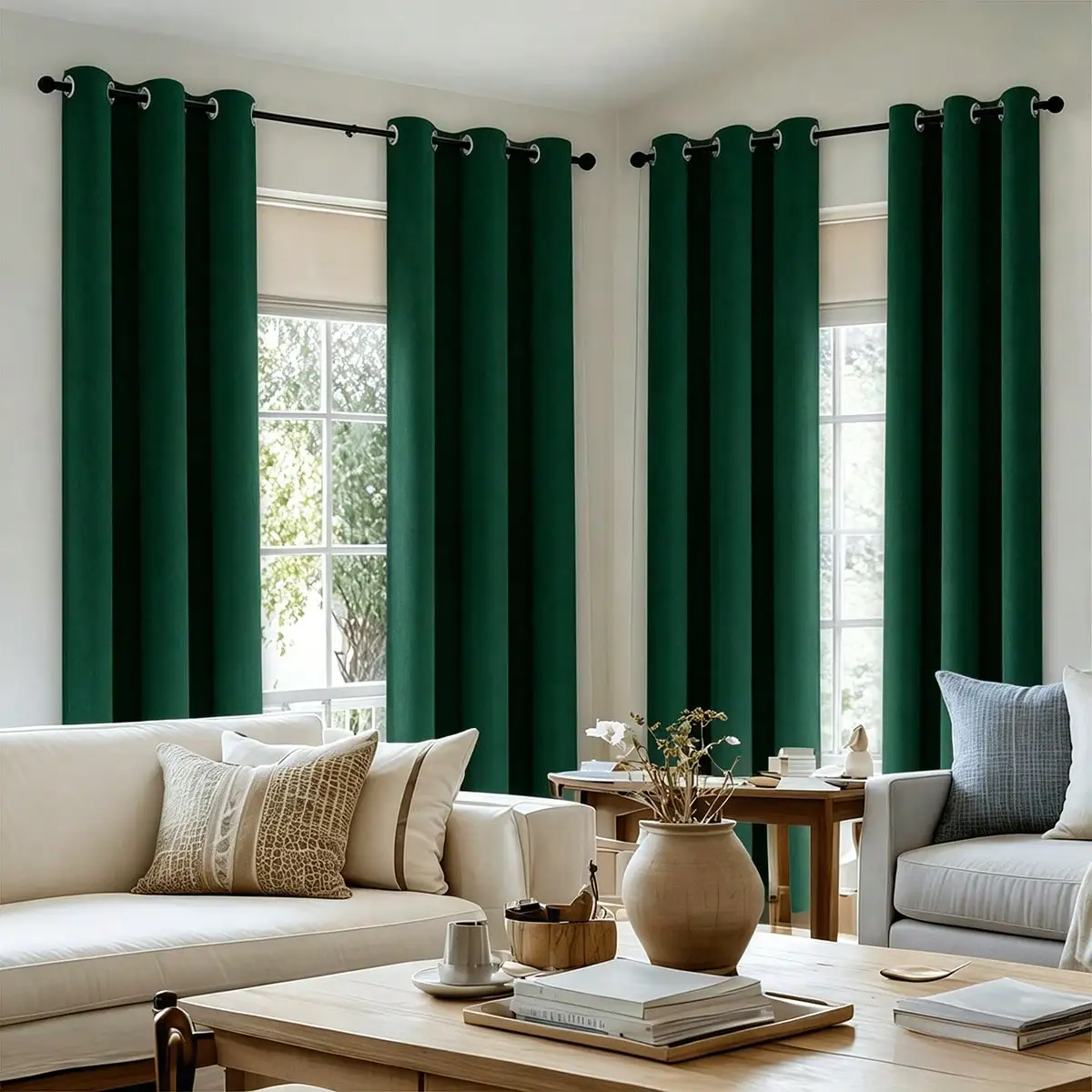 4 Panels Green Solid Grommet Top 100% Blackout Drapes, Waterproof Backing Light Blocking Curtains, Privacy Window & Shower Curtain For Bedroom, Bathroom, Indoor Home, Patio & Outdoor Pergola