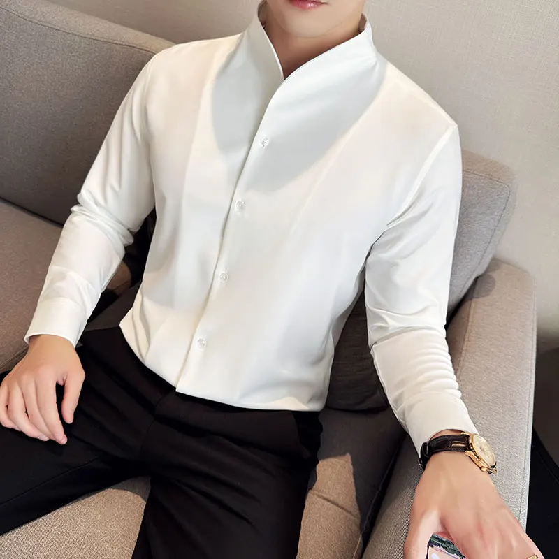 Brand Clothing Men\'s High Quality V-neck Long Sleeve Shirts Male Slim Fit Fashion Solid Color Office Dress Shirt 4XL-M