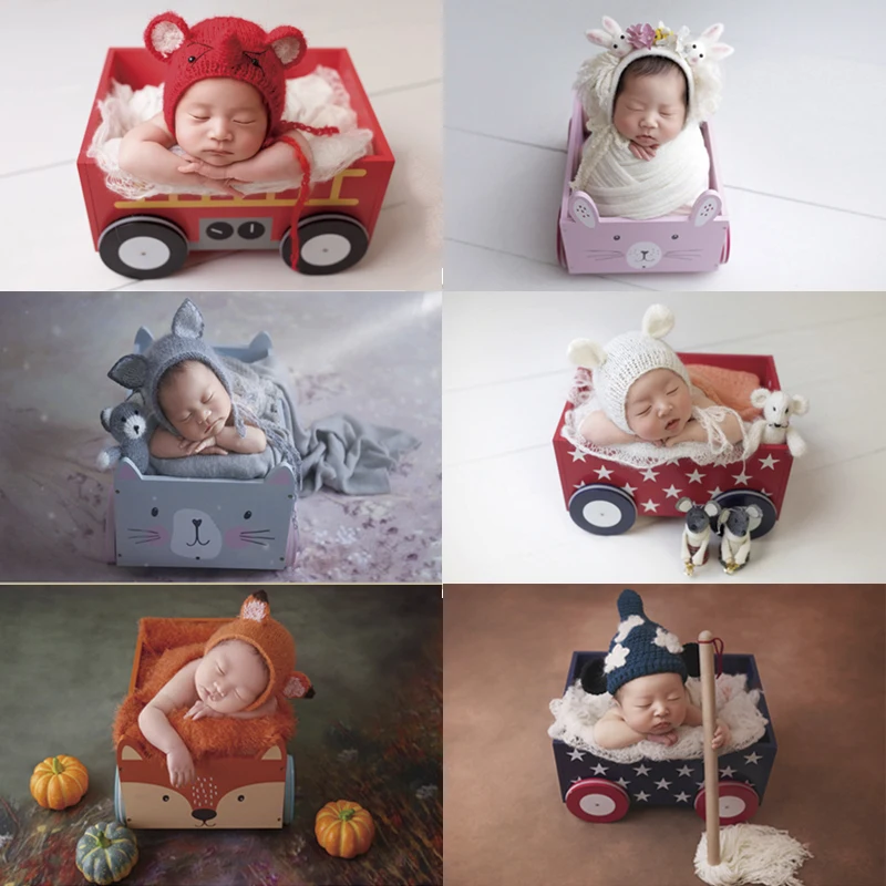 

Newborn Photography Accessories Wood Posing Bucket Basket Car Bus with Wheel Poser for Baby Photoshoot Photo Shooting Props