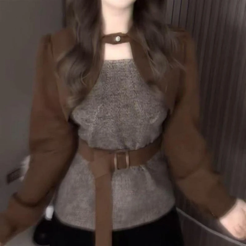 

Fake Two Pieces Y2k Aesthetic One Button Jackets Autumn Vintage Puff Sleeve Slim Fit Tops Women Harajuku Patchwork Belt Coats