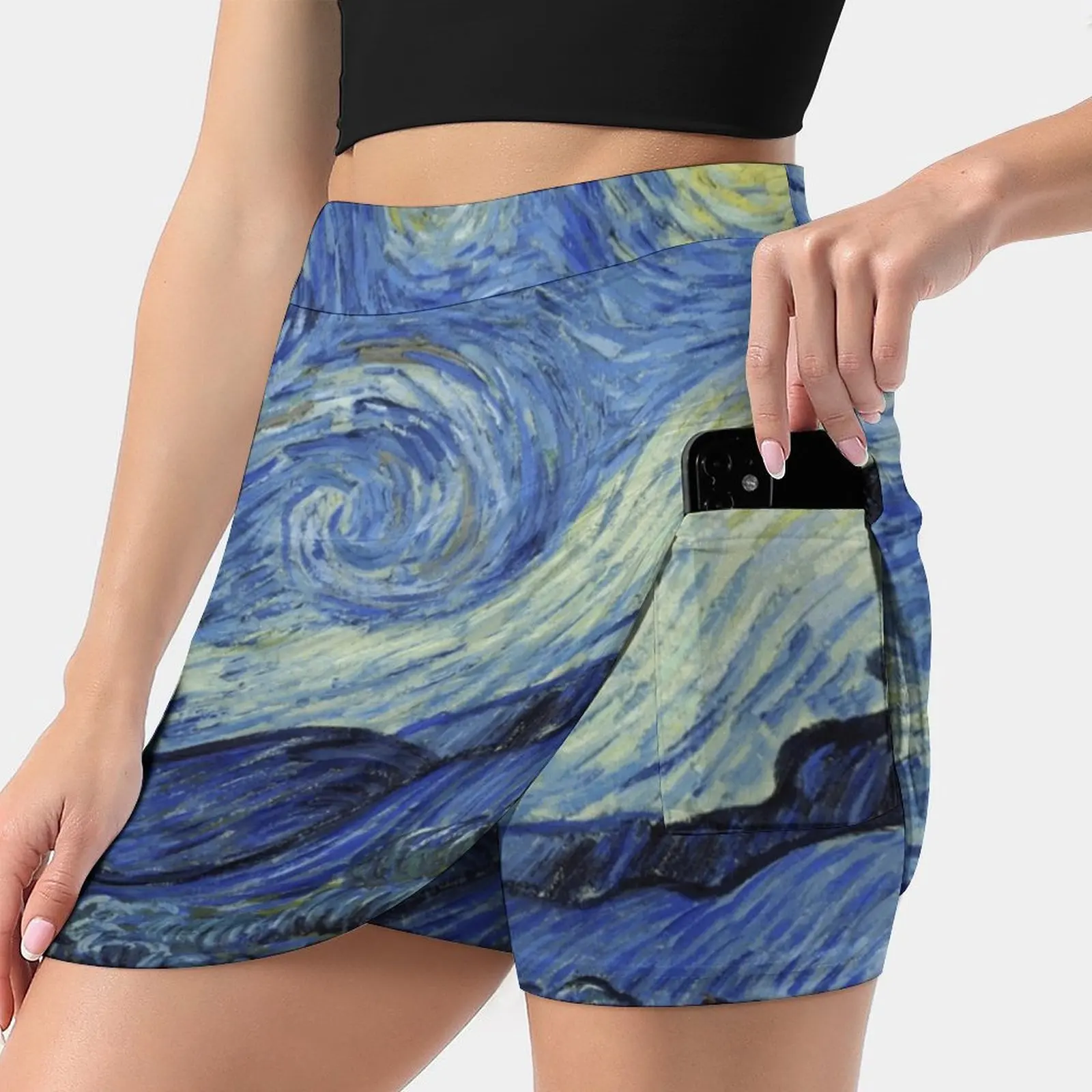 The Starry Night Fake Two-Piece Hakama Skirt Women Pencil Skirts Workout Sports Mini Skirt Famous Painting Famous Artwork