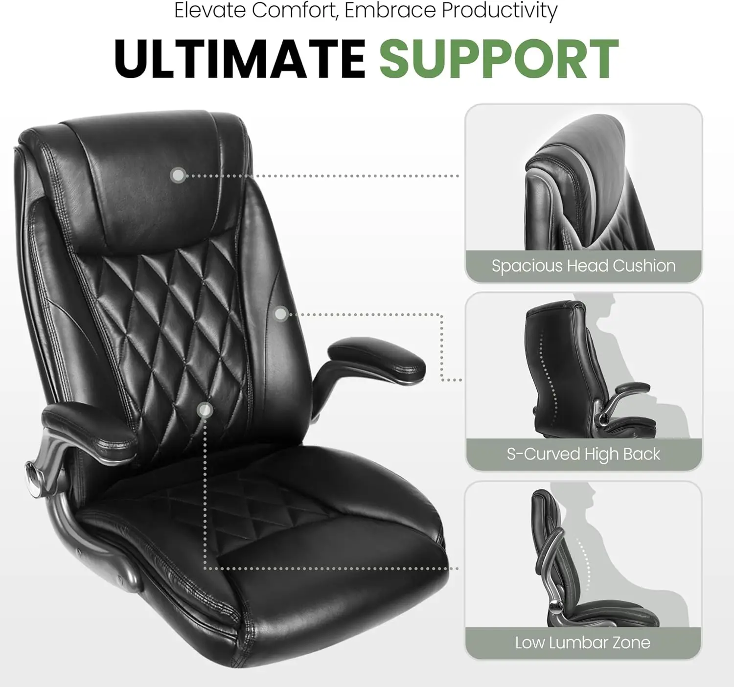 Computer high back adjustable flip armrest ergonomic office chair, executive diamond stitched PU leather rotating work chair