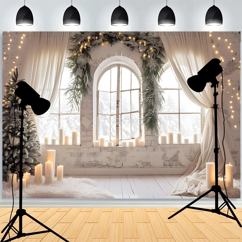 

Warmth Christmas Day Fireplace Photography Backdrops Window Living Room Wreach Happiness New Year Photo Studio Background XH-40