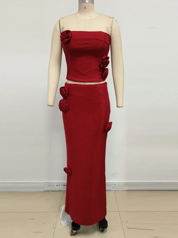 2025 Colore rosso Donna Sexy Shinning Floreals 2 pezzi Abito lungo aderente Celebrare Nightclub Party Compleanno Fashion Outfit