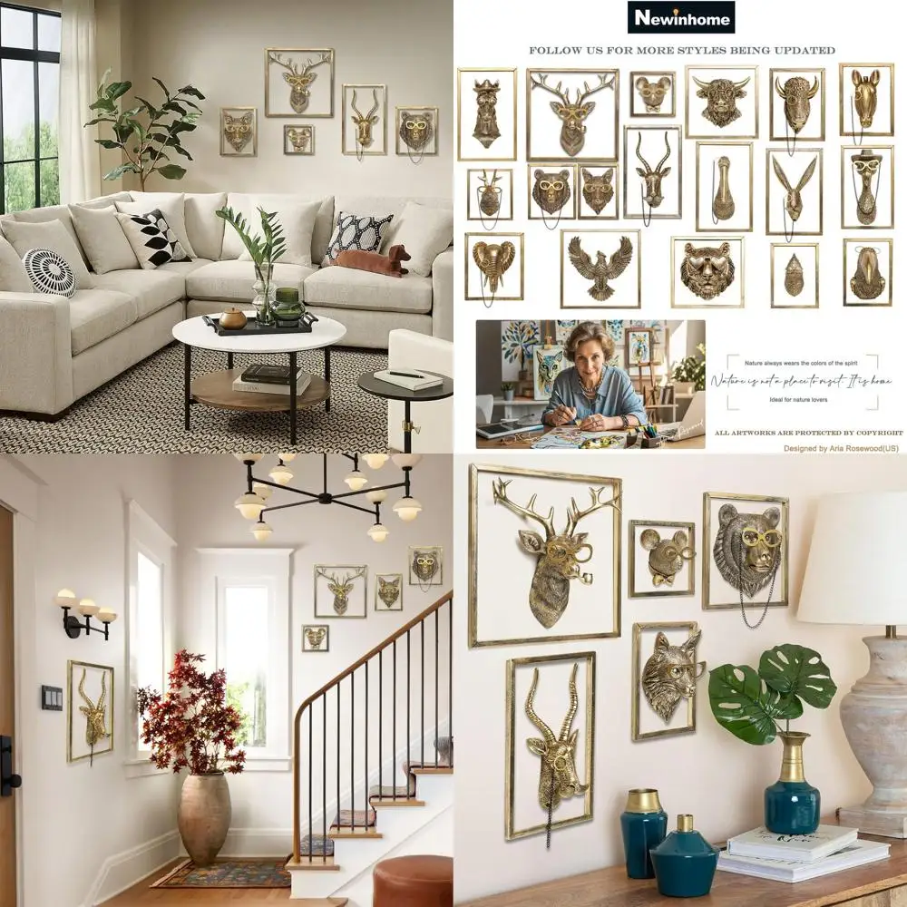 Vintage Gold Animal Heads Wall Art Set - 5 Resin Sculptures with Metal Frame for Home Decor