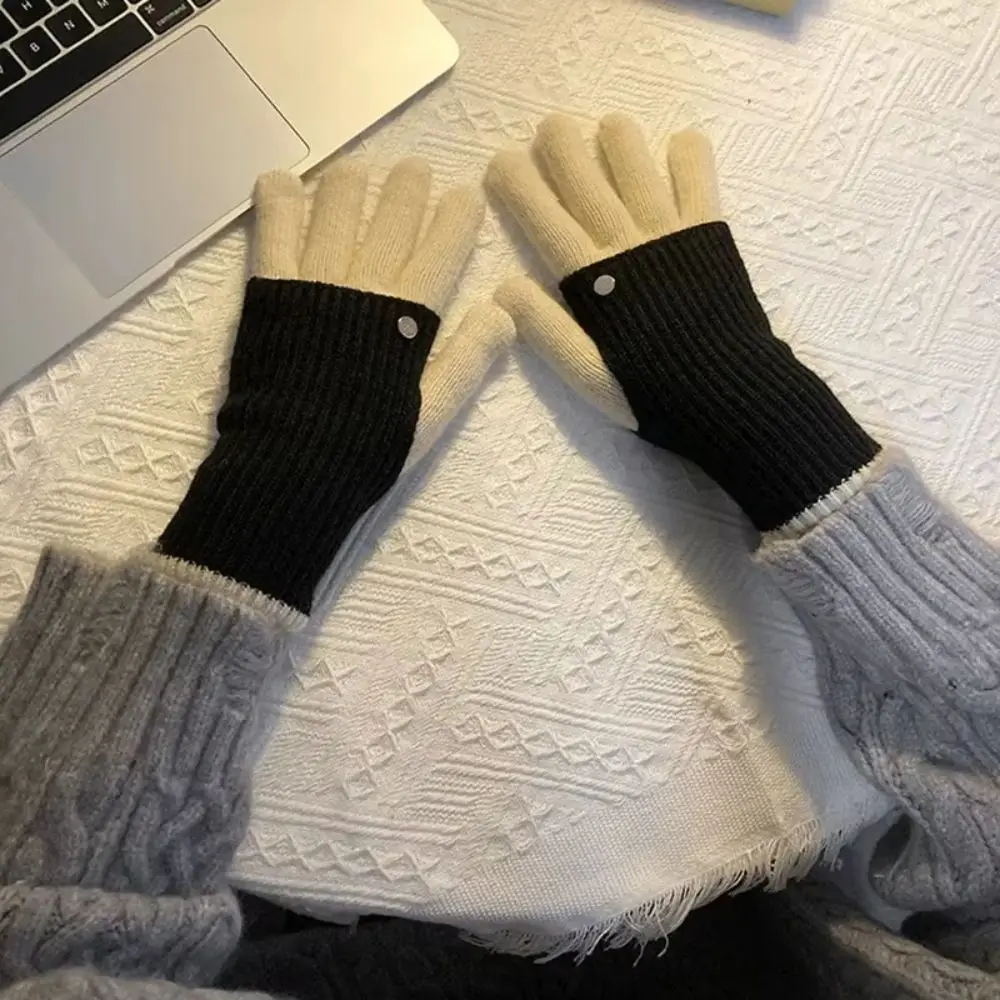 Fashion Warm Color Blocked Knitted Gloves Open-Finger Dual-purpose Winter Women Gloves Soft Thicken Full Finger Mittens Outdoor
