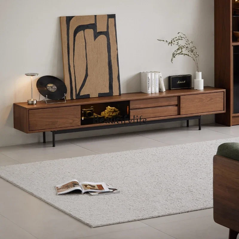 

01Solid wood TV cabinet North American black walnut Nordic living room with drawers glass sliding door home