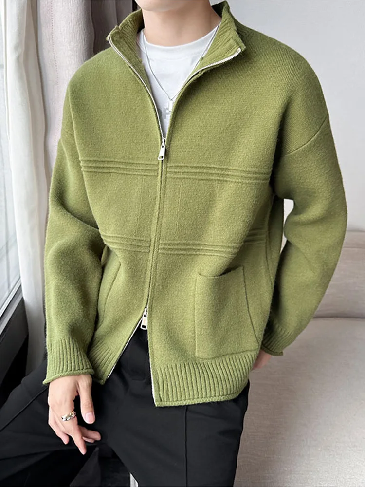 

Autumn Winter Men's Zipper Knitted Sweater Pure Color Trendy Casual Outerwear Loose Fit Long Sve Cotton Polyester Blend