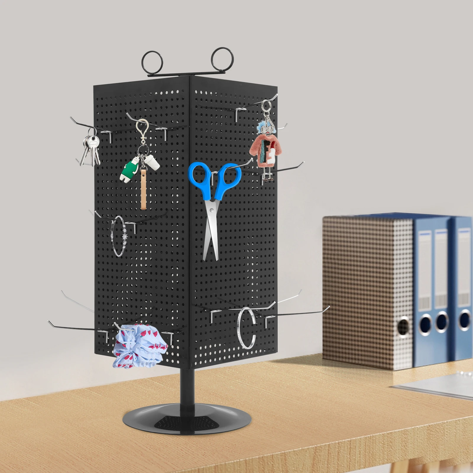 4 Sided Rotating Perforated Display Stand with Hooks Countertop Spinner Rack for Retail Stores Keychains Jewelry Tools Black