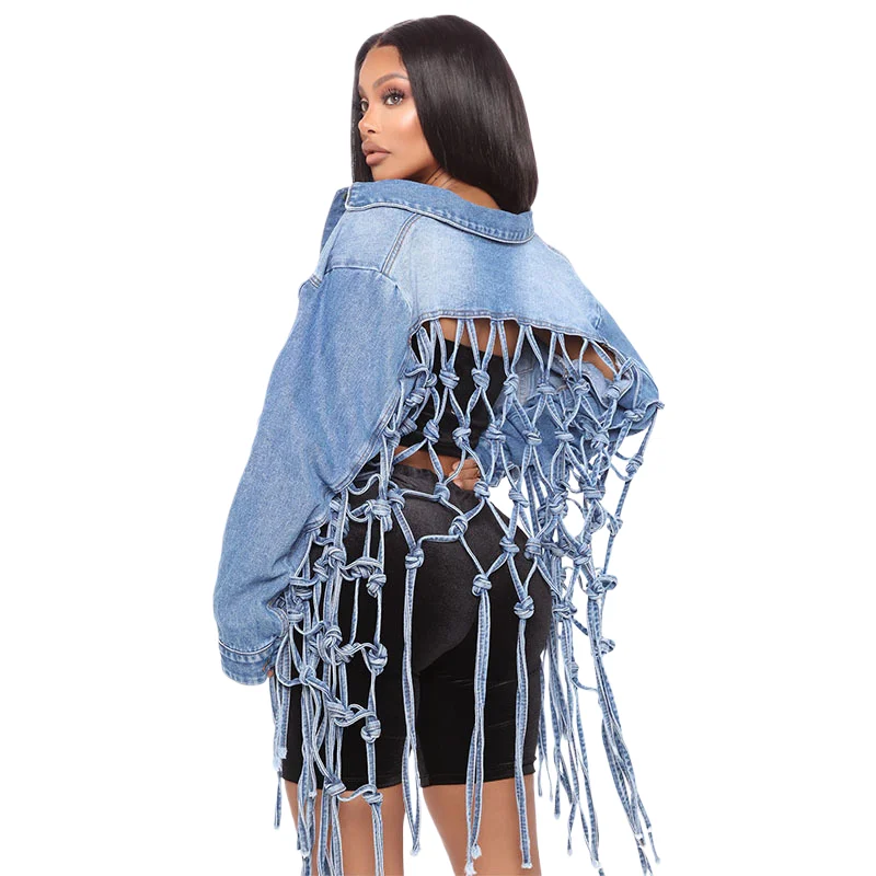 

Personality Woven Strap Denim Jacket. A New Summer Fashion Washed Blue Casual Loose Long-sleeve Denim Patchwork Top for Women