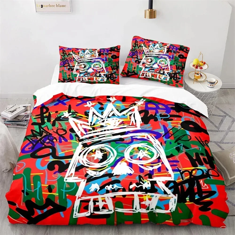 Modern Duvet Cover Set, Teenager Style Image Street Wall Graffiti Graphic Colorful Design Artwork Print,Hip Hop Bedding Set King