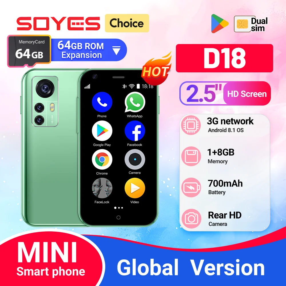 SOYES D18 미니 안드로이드 스마트폰, 3G 네트워크 쿼드코어, 700mAh 후면 5 메가픽셀 카메라, 듀얼 심 듀얼 스탠바이 