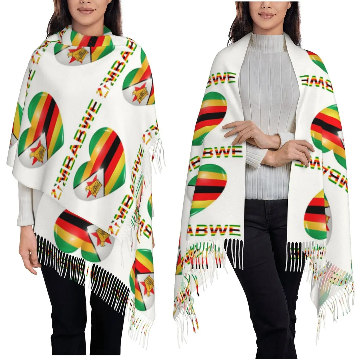 

Шарф в форме сердца с флагом Зимбабве, шарфы с кисточками для женщин, мягкие теплые шали и накидки, большая осенне-зимняя шаль