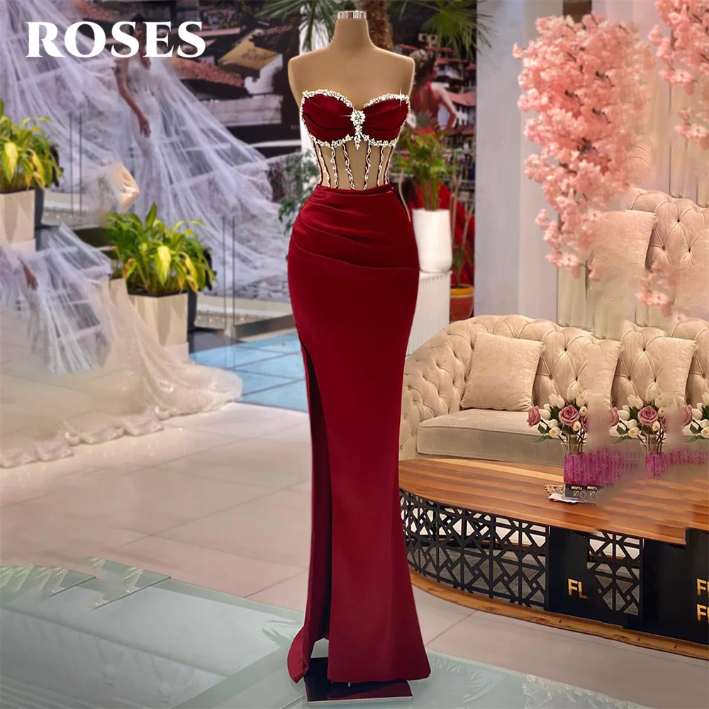 

ROSES Red Sleeveless Chic Woman Evening Dress Gown Beading Mermaid Ball Gown Stain Side Split Night Dresses Gown robes de soirée