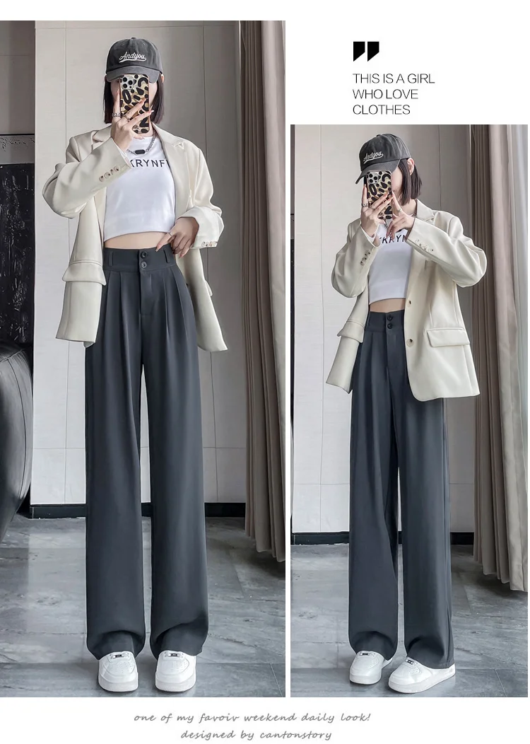 Frauen Lose Frühling Sommer 2024, Neue Hohe Taille Breite Beine Dünne Beiläufige Hosen Koreanische Mode-Trend Weiblichen Anzug Gerade Hosen – Detail 21