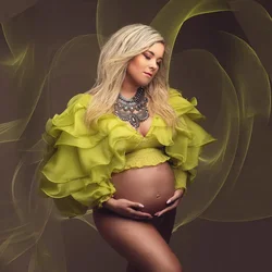 Maternity Photography Props Chiffon Tops Clothes V-neck Ruffles Long Sleeve For Pregnant Woman Photo Shoot Shirts