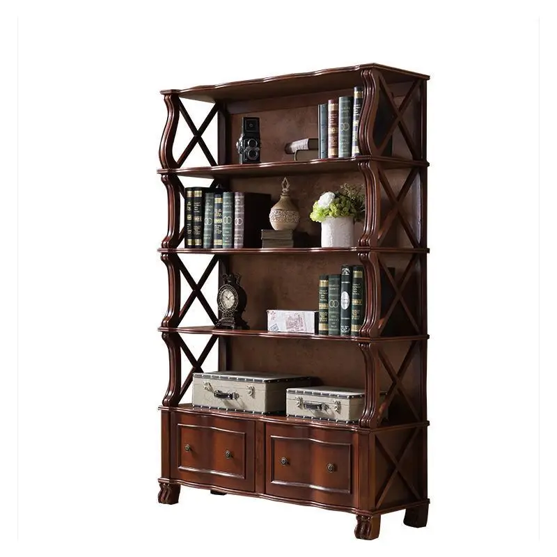

American rural bookcase doorless storage retro display rack antique bookcase classical engraved dark shelf