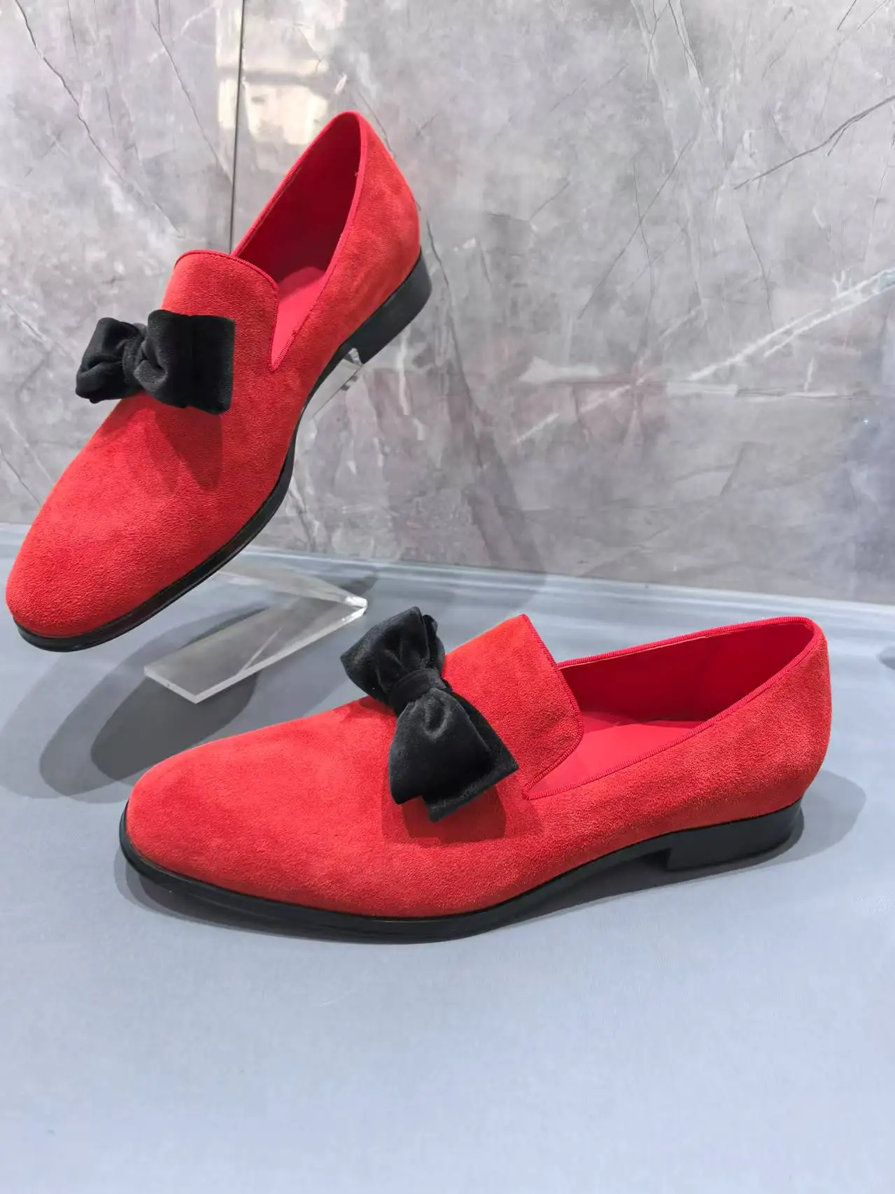 

Red Men Casual Shoes Square Toe Black Knot Slip-on Bow Luxury Shallow Man Flats Low Heel Large Size Spring Summer Leisure Shoes