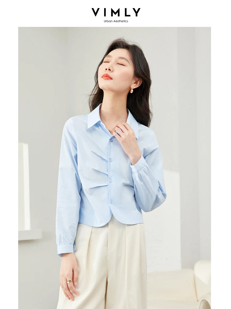 Vimly Cotton 100% Cropped Shirts for Woman 2024 Spring Long Sleeve Tops Women Fold Button Down Casual Shirts & Blouse M5870