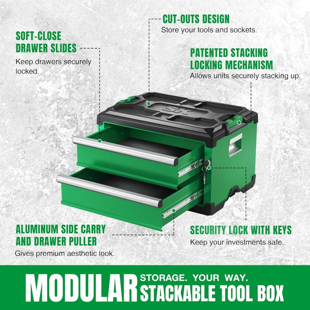 SK Modular Stackable Storage Tool Box, 20.5 Inch, 2-Drawer Steel Box, Patented Auto-Lock Mechanism, Holds up to 60