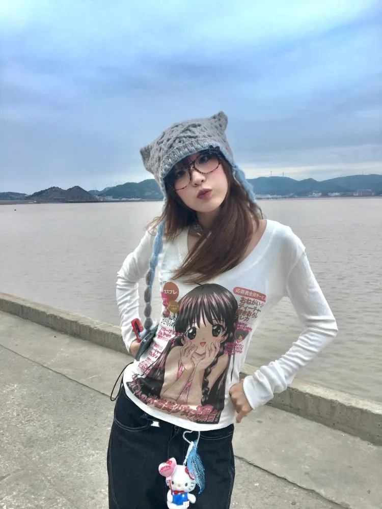 HOUZHOU Y2k Harajuku Streetwear T Shirts Women Japanese Style Kawaii Cuteore Coquette Cartoon Print Long Sleeve Slim Tees Tops