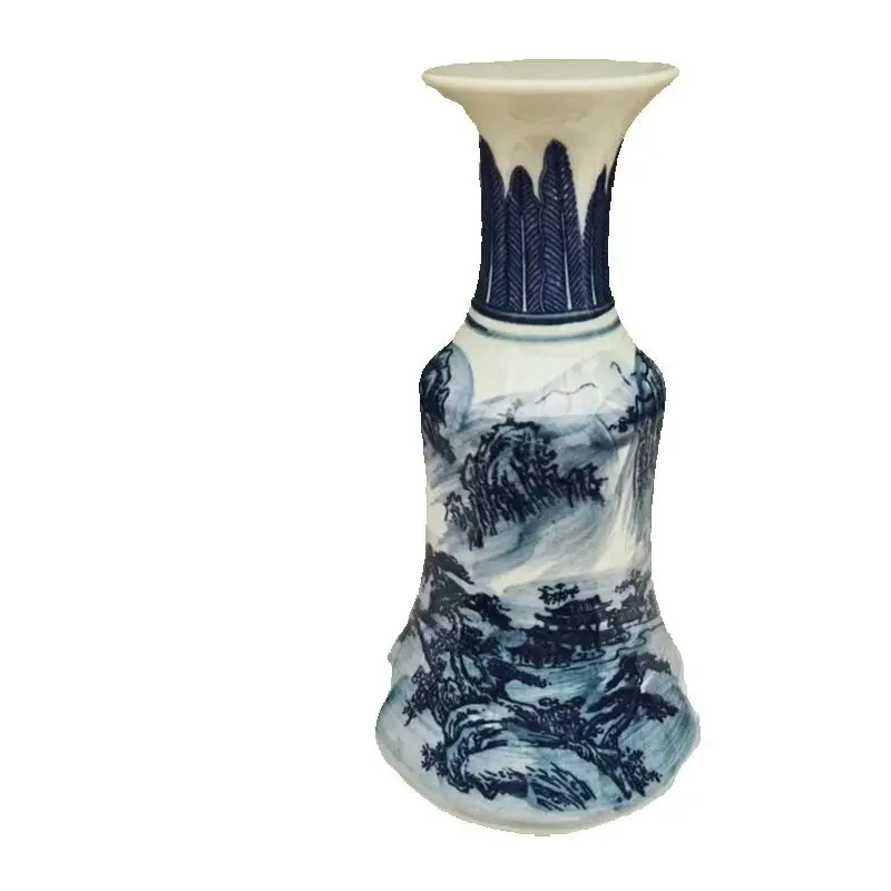 China Old Porcelain Necked Vase Blue And White Landscape Patterns Traditional Art Decorative Item