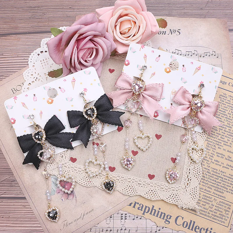 Japanese Sweet Ladies Bow Rhinestone Love Pearl Pendant Long Fringe Earrings Handmade S925 Pearl Earrings Ear Clip for Women