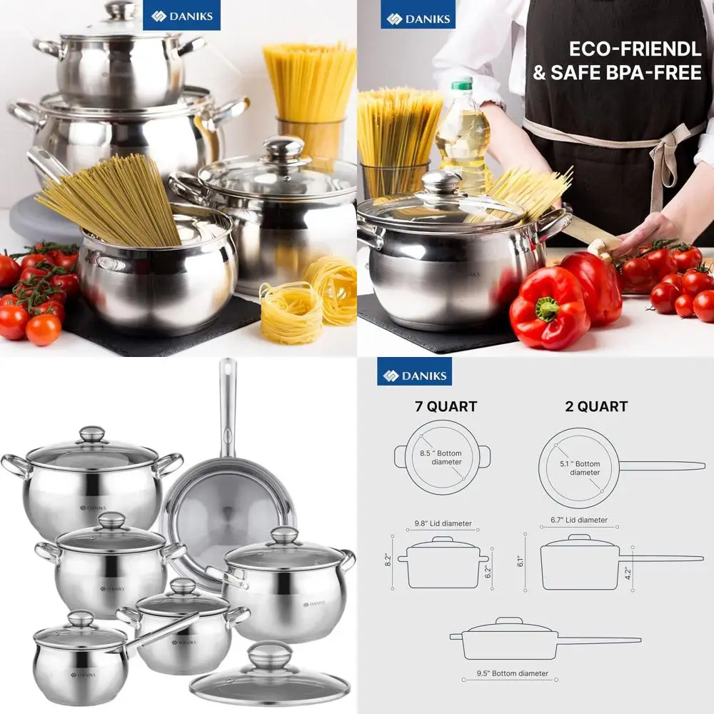 

12-Piece Stainless Steel Cookware Set, Glass Lids, Saucepan, Frying Pan, Even Heat, Induction-Ready, Dishwasher Safe