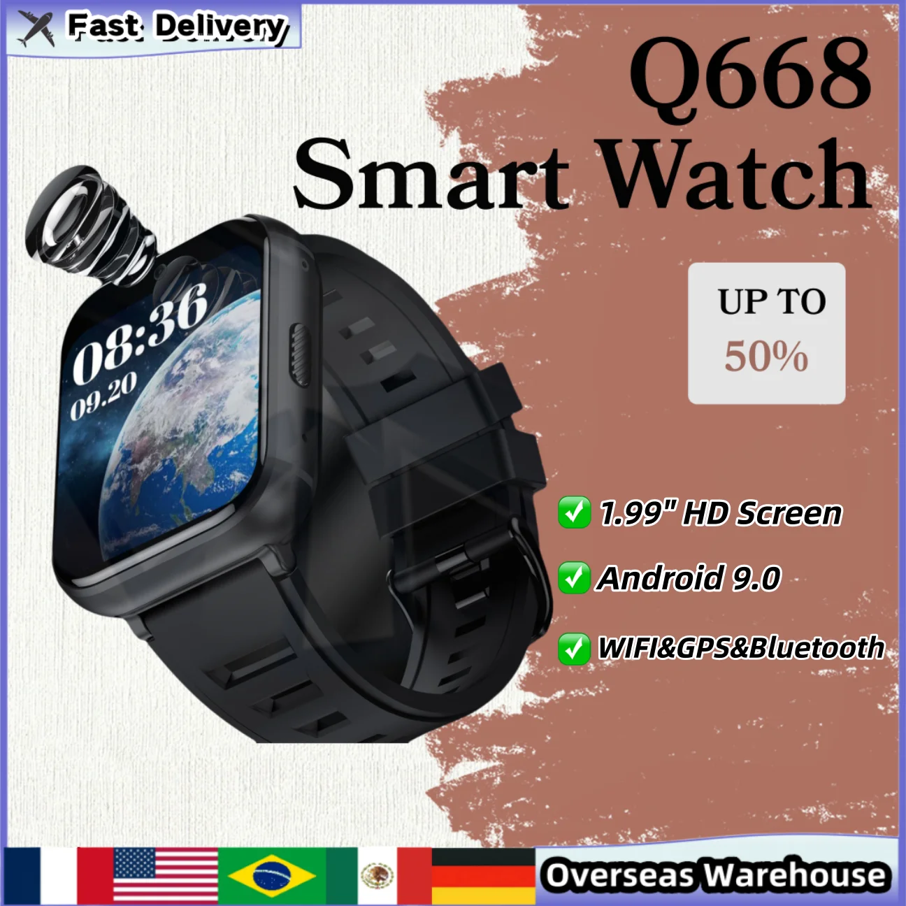 

Q668 Smart Watch Android 9.0 Bluetooth 5.0 Watches 4G Wifi Smartwatches Mens Watch 1.99" HD Screen Google GPS Mini Camera Gifts