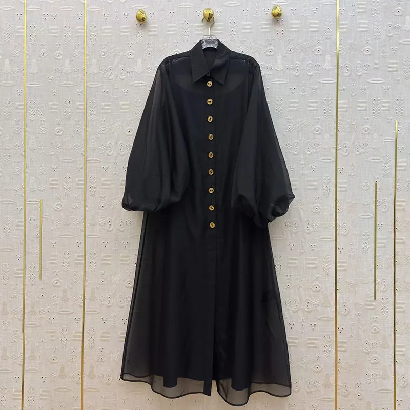 Robe chemise en dentelle noire à col simple boutonnage pour femmes, robe de soirée de haute qualité, nouvelle collection 2026, robe semi-transparente deux pièces