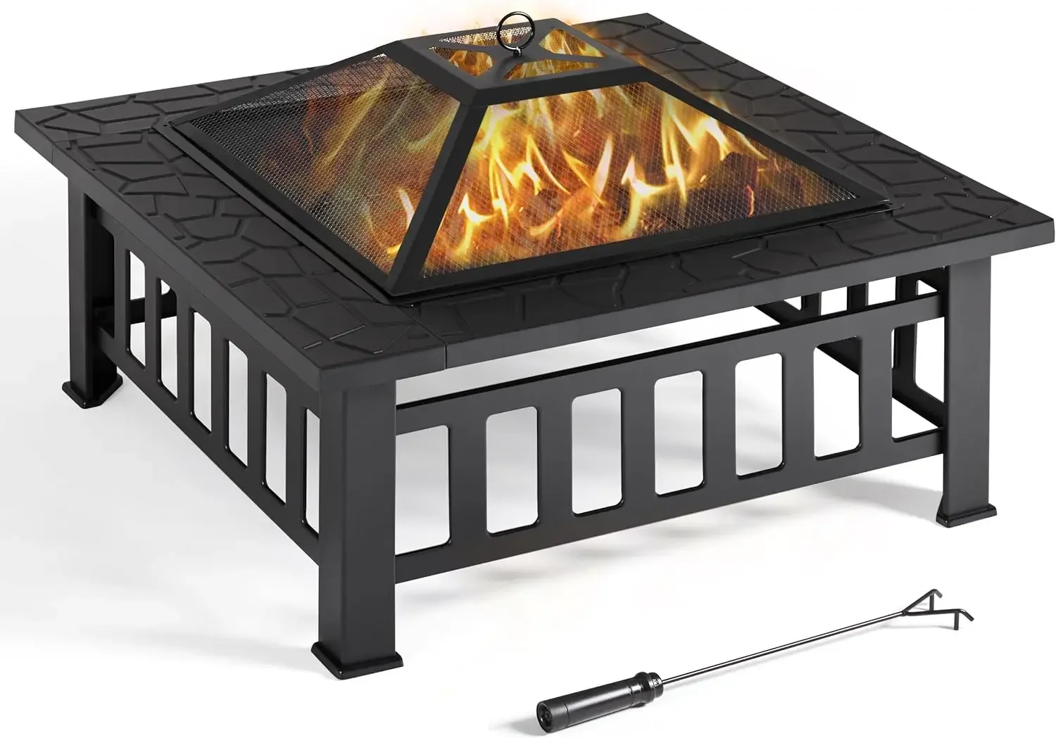 

Fire Pit 34in Outdoor Wood Burning Square Fire Pit Table with Spark Screen, Mesh Cover, Poker for Outside Patio Camping Black