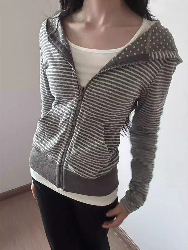 American Style Slim Fit Hooded Cardigan Sweatshirt Women's Short Thin Autumn New Patterned Dot Match All Season Long Sleeve