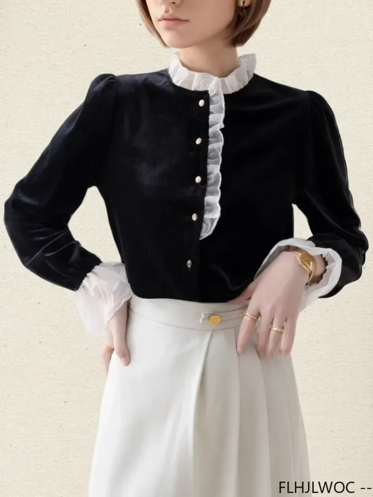 Black Velvet Women\'s  Autumn Winter 2024 New European White Collar Vintage Retro Long Sleeve Basic Shirts Stand Ruffles Tops