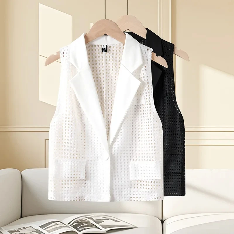 

Summer New Women's 2025 Openwork Coat Knitted Vest Cardigan Thin Female Fashion Loose Ladies Outwear Waistcoat Stitching Jacket