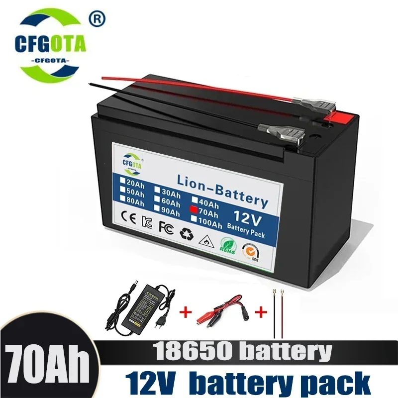 Upgraded 12v 70Ah Li Ion 18650 Battery Electric Vehicle Lithium Battery Pack 9V- 12V 35Ah 120Ah Built-in BMS 30A High Current