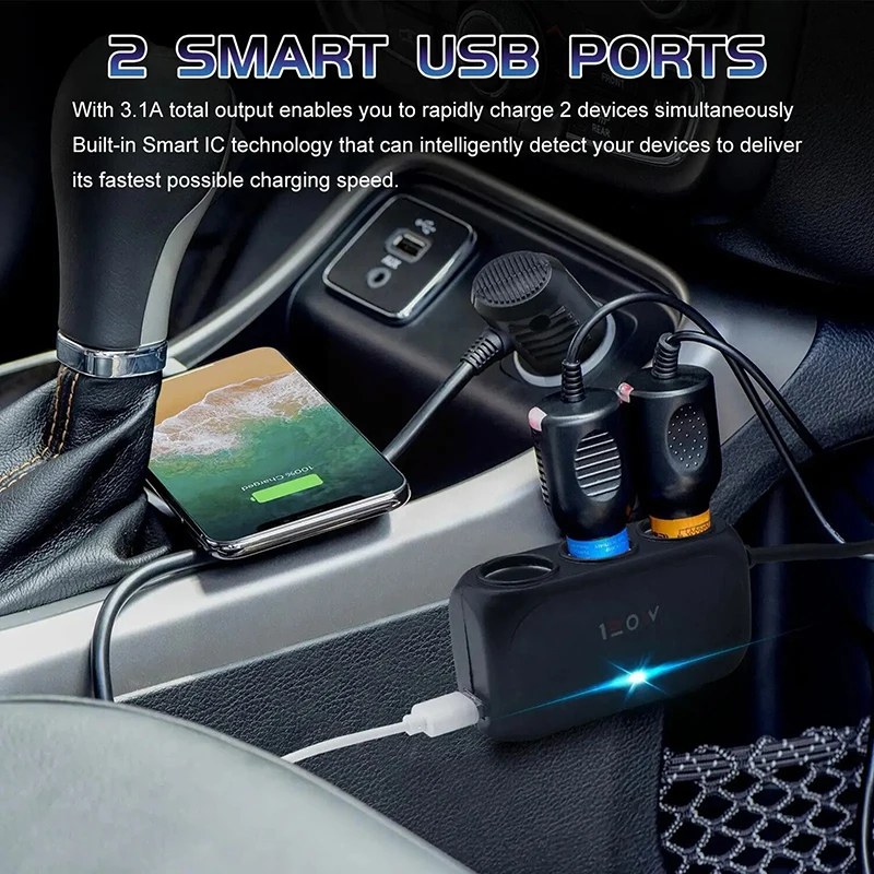 Universal 120W 12V 24V 3 Way Cigarette Lighter Multi Socket USB Charger Interior Dual Black Adapter Splitter ABS Car accessory