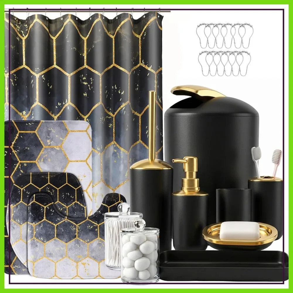

25-Piece Black & Gold Bathroom Accessories Set with Shower Curtain, Rugs, Trash Can, Soap Dispenser & More