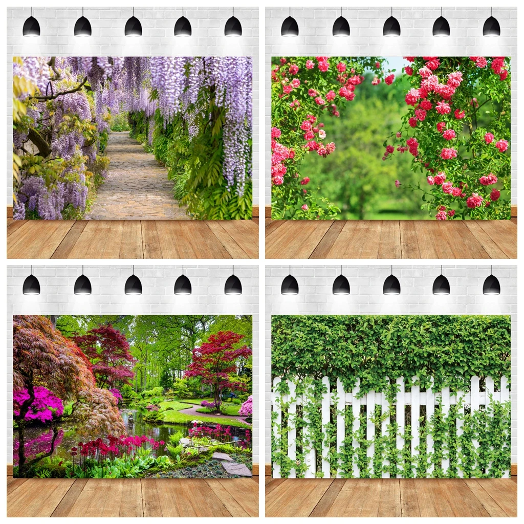 Spring Landscape Photo Backdrop Garden Flowers Green Vine Door Road Photography Background Living Room Decoration Banner