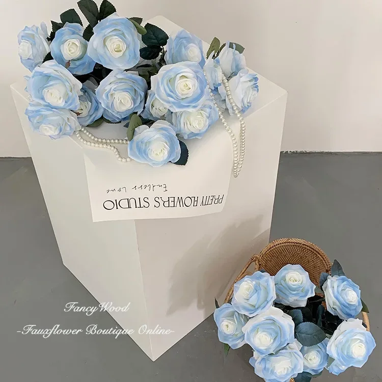 51CM Artificial Flowers Silk Cloth Rose Bouquet for Valentine's Day Home Decor  Blue Ice Rose and Rose of Ecuador