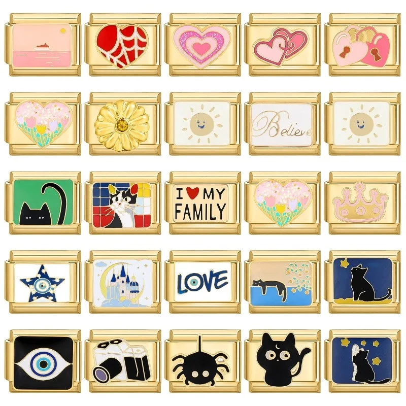 2025 New Gold Color Fashion Cats Camera Flower Eyes Heart Charm Fit 9mm Stainless Steel Bracelet DIY Women Jewelry Birthday Gift