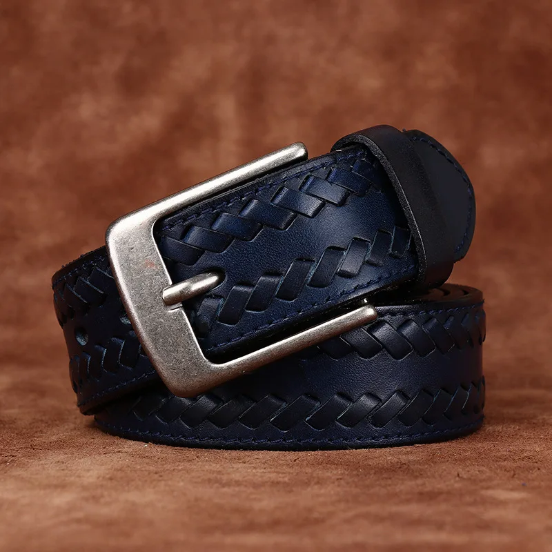 Men's Fashion Hand-woven Genuine Leather Belt Top Layer Cowhide Pin Buckle Trendy Pants Belt