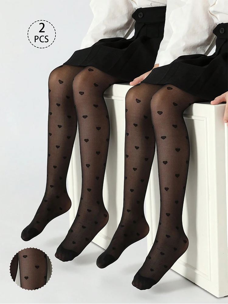 Paquete de 2 pantimedias para niños, pantalones de baile con falda Jk a juego para niñas de verano, alta elasticidad con estampado de corazones, adecuados para uso diario