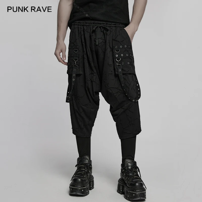 

PUNK RAVE мужские свободные висячие брюки в стиле панк с промежностью, повседневные свободные ремни с люверсами, индивидуальные 3D карманы, эластичный пояс, брюки