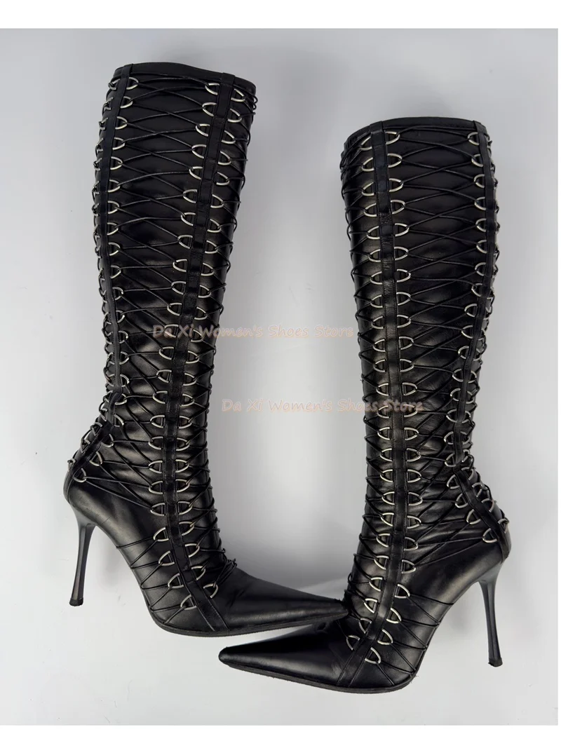 Multiple Thin Strap Combination Crisscross Straps Knee-High Boots Pointed Tip Stiletto Heels Side Zipper Women's Winter Boots
