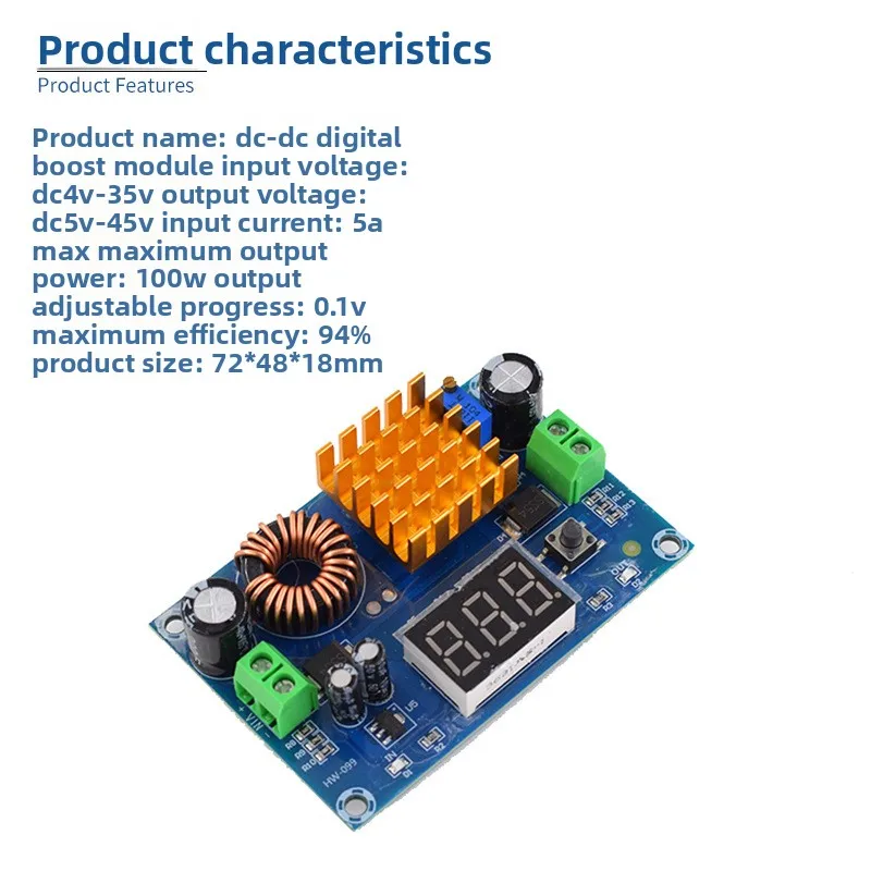 DC-DC Digital Boost Module with Display 4-35V to 5-45V 5A High Power Step-Up Board