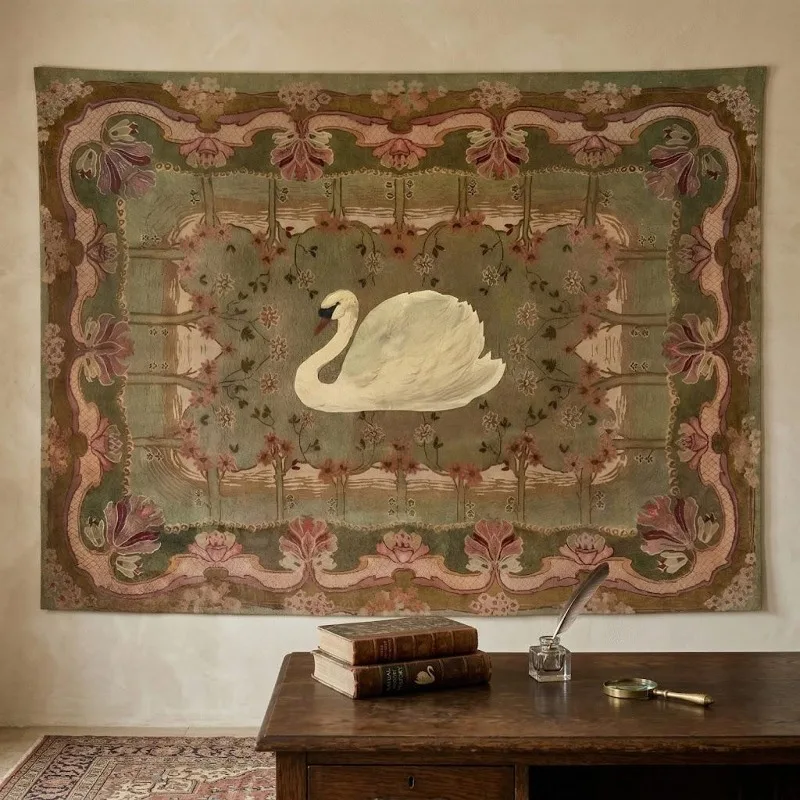Vintage Swan Tapestry Wall Hanging Floral Art Polyester Bohemian Decor Cottagecore Nursery Bedroom Accent Piece Romantic Home De