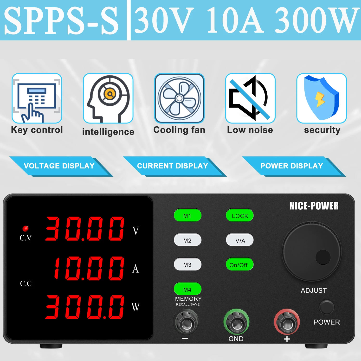 NICE-POWER Adjustable DC Power Supply Lab Bench Power Source with Data Memory On/Off Function for Battery Test Repair Research