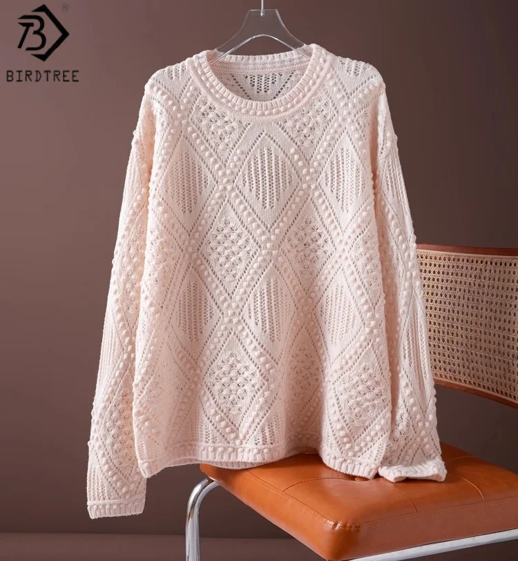 

Birdtree 100% Sheep Wool Knited Hollow Sweater,Woman Crochet O-neck Full Sleeve Pullover,Loose Autumn Pink Soft Smock T59505JF