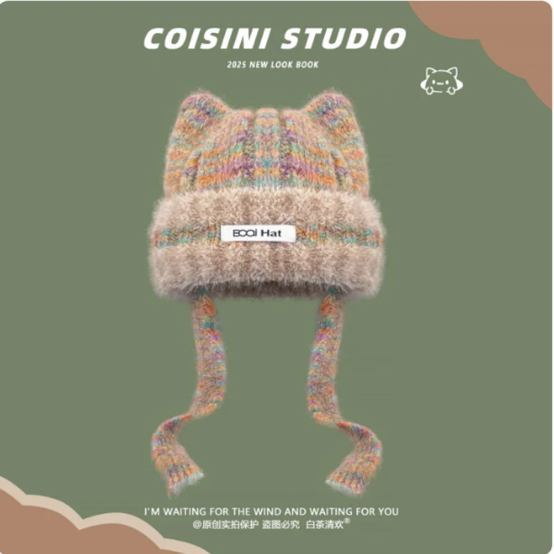 Japanese Color Mixing Sweet Cat Ear Plush Lace-up Ear Protection Knitted Hat for Women Winter Thickened Warm Skull Beanie Caps